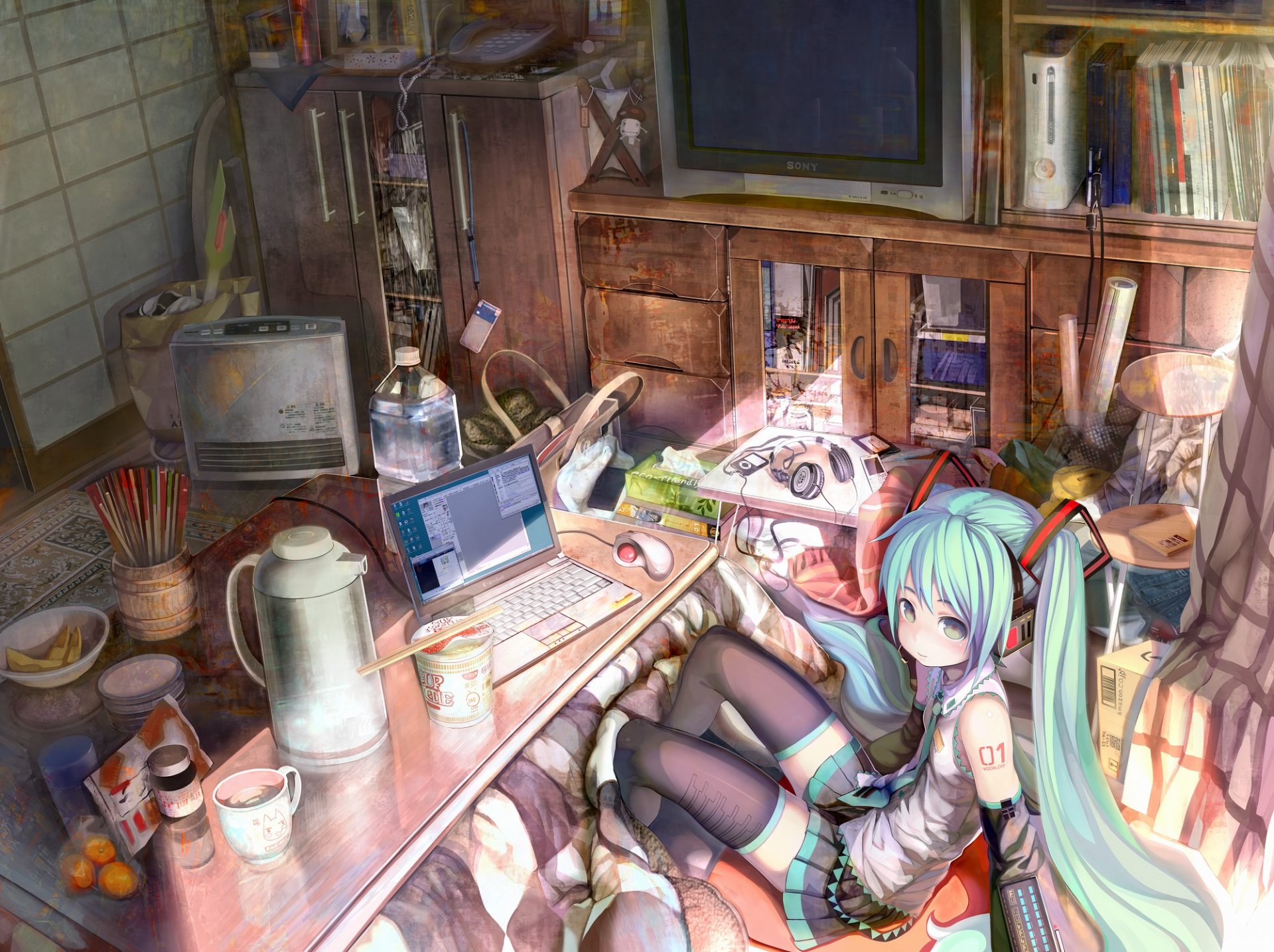 HD desktop wallpaper of Hatsune Miku, the iconic Vocaloid character, rendered in an anime style. The scene depicts Miku in a cozy, cluttered room, sitting beside a desk with a laptop and various personal items.