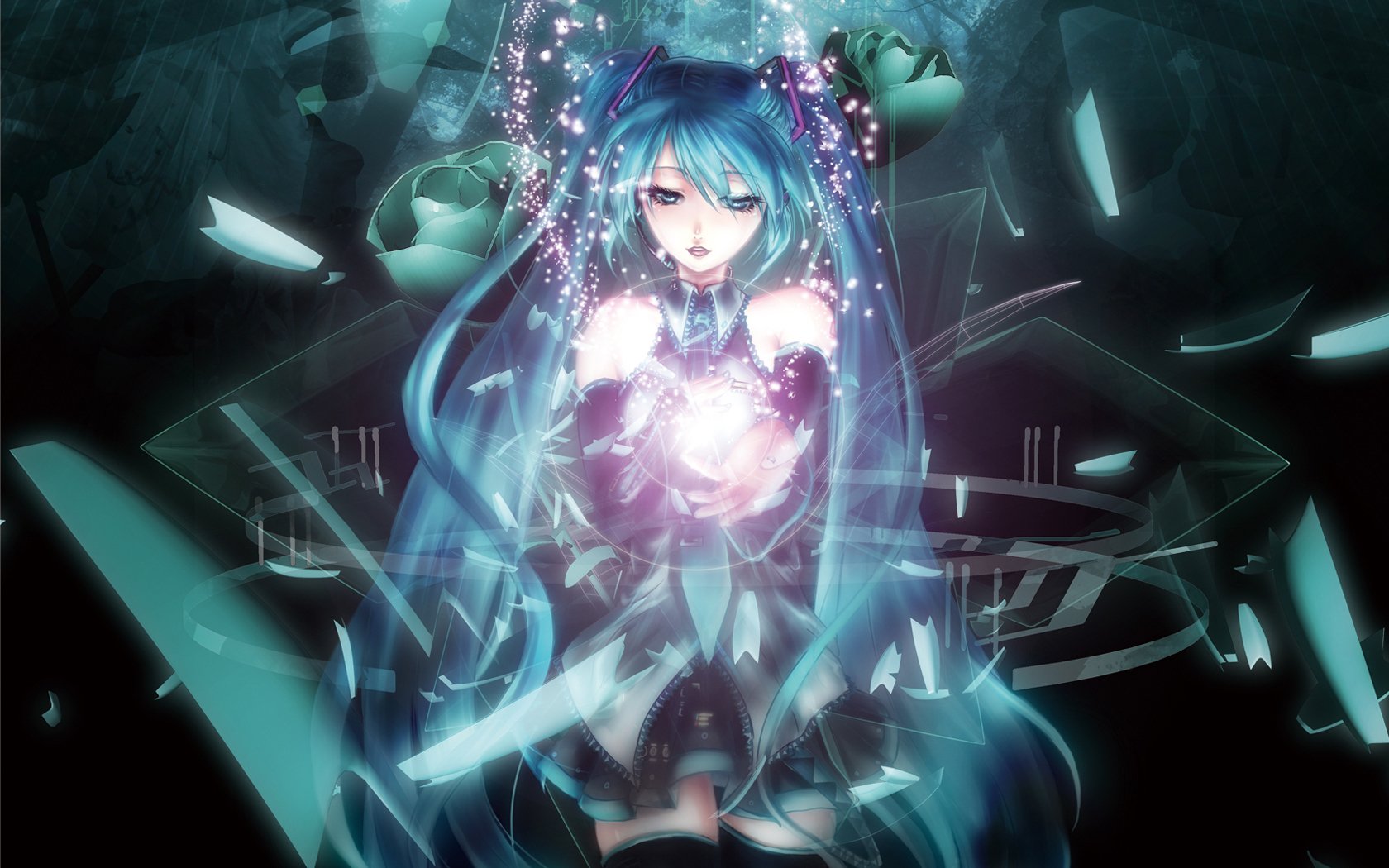 A captivating HD wallpaper featuring Hatsune Miku, the iconic anime Vocaloid, surrounded by shimmering light and shards of glass, creating a mesmerizing visual effect.