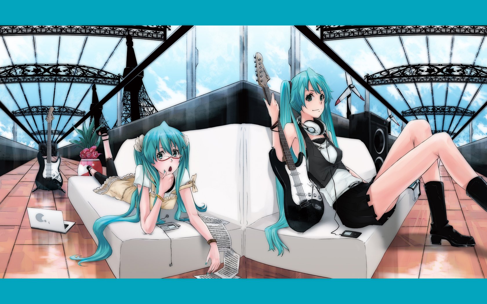 HD wallpaper featuring Hatsune Miku, a popular anime Vocaloid character, lounging on a stylish couch with a vibrant background of musical elements and an open sky.