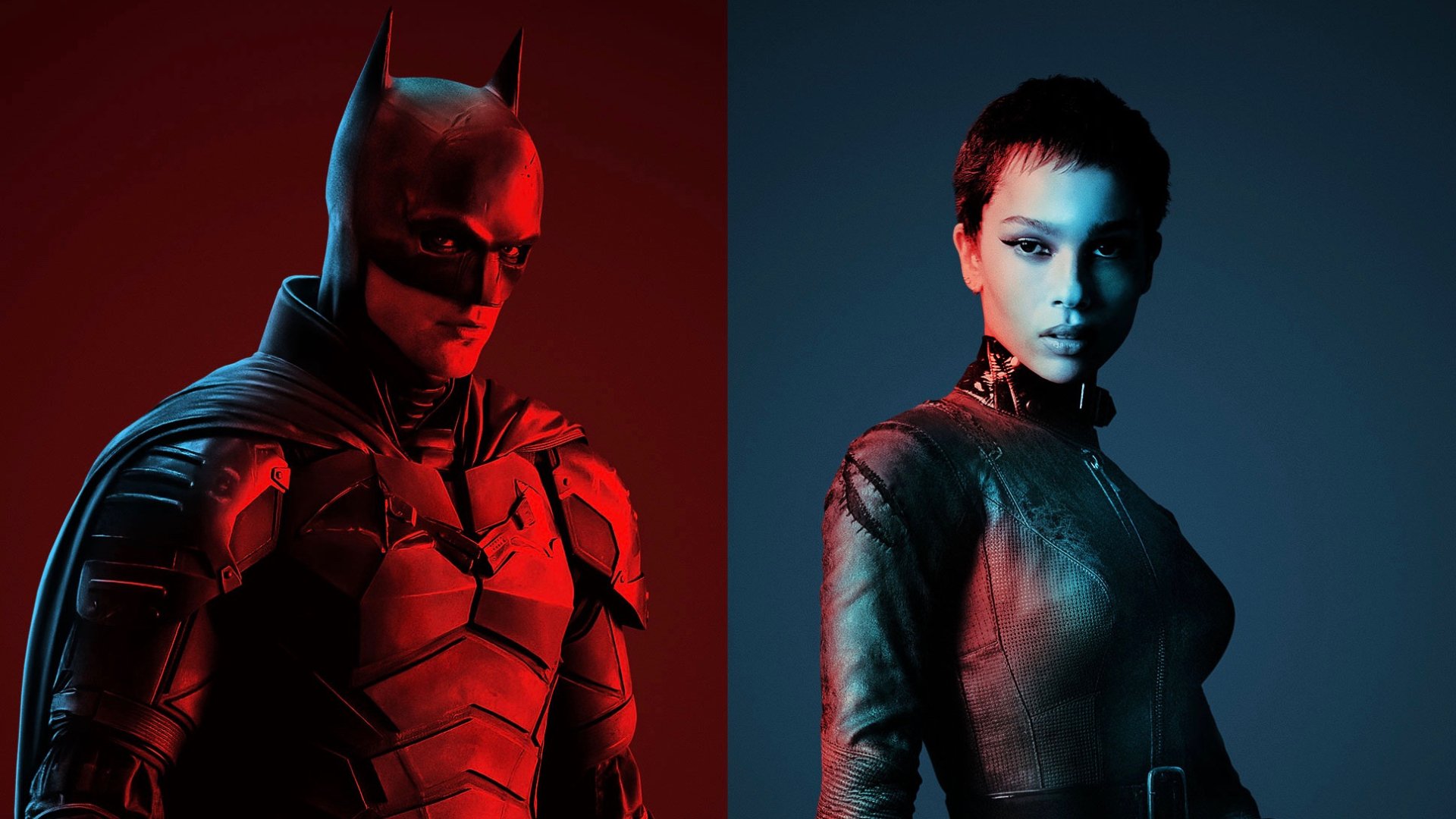 HD wallpaper featuring Robert Pattinson as Batman and Zoë Kravitz as Catwoman from the movie The Batman, showcasing striking red and blue lighting.