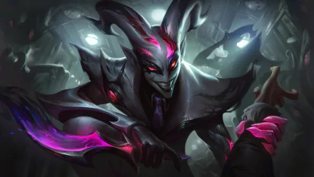 Shaco (League of Legends) video game artwork in 5K Ultra HD PC desktop wallpaper: sinister jester with glowing purple blades and a shadowy, eerie backdrop.