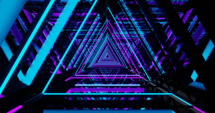 Abstract HD wallpaper featuring a neon-lit triangular tunnel with a mesmerizing pattern of alternating blue and purple lights.