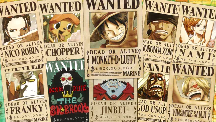 HD anime desktop wallpaper featuring One Piece characters' wanted posters, showcasing Monkey D. Luffy, Chopper, Zoro, and others in vibrant detail.