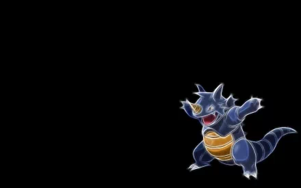 HD PC desktop wallpaper of Rhydon (Pokémon) in anime style: roaring with a glowing blue outline on a solid black background, positioned left.