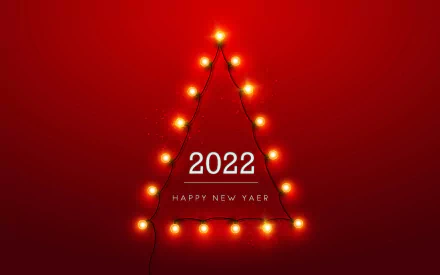 4K Ultra HD New Year 2022 wallpaper featuring a glowing triangular light decoration on a red background with Happy New Year text for holiday celebration.