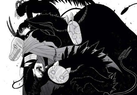 HD PC desktop wallpaper: black-and-white anime art of Nacht from Black Clover amid shadowy demonic forms, masks and claws, Black Clover background.