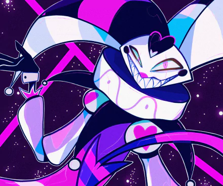 HD PC desktop wallpaper featuring Fizzarolli from the TV show Helluva Boss, showcasing vibrant colors and dynamic pose in a cosmic background.