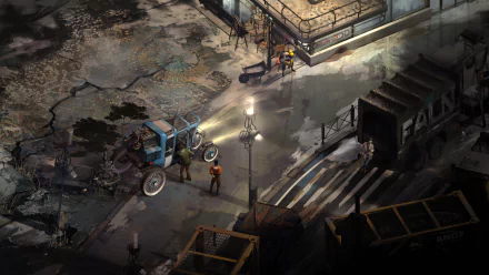 4K Ultra HD PC wallpaper from the video game Disco Elysium, featuring a detailed urban street scene with characters near a blue tractor under dim streetlights.