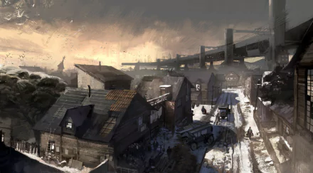 HD PC desktop wallpaper for the video game Disco Elysium: a snowy, dilapidated coastal district beneath overpasses, muted noir palette and looming structures.