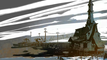 HD PC desktop wallpaper/background for the video game Disco Elysium: stylized coastal scene with a weathered church, docks and telegraph poles beneath a streaked gray sky.