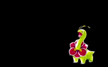 HD PC desktop wallpaper of Meganium, the Grass-type Pokémon — neon anime-style illustration of Meganium with its flower collar on a black background