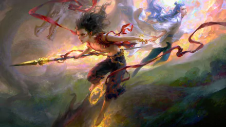 4K Ultra HD PC desktop wallpaper featuring a dynamic scene from the movie Ne Zha, depicting the fiery protagonist wielding a spear amidst swirling clouds and energy.