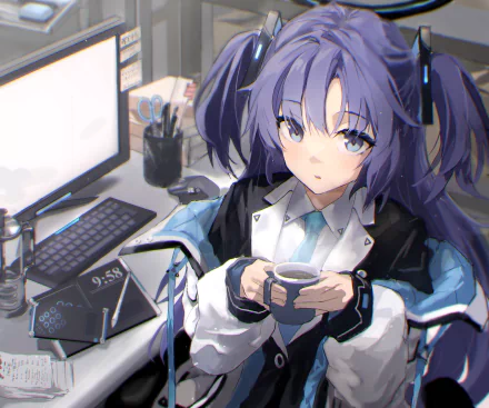 HD PC desktop wallpaper of Hayase Yuuka from the video game Blue Archive, featuring her holding a cup in a detailed, modern office setting.