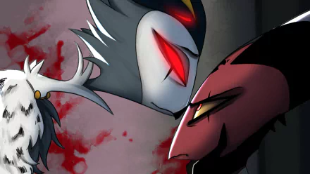 HD PC desktop wallpaper of Stolas and Blitzo from the TV show Helluva Boss: close-up faces with glowing red eyes against a dark, blood-splattered background.