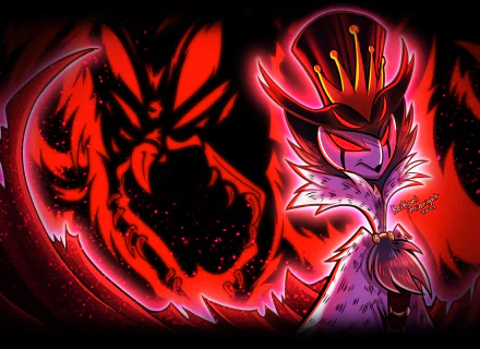 HD PC wallpaper featuring Stolas from the TV show Helluva Boss, showcasing vibrant red and black tones with a striking, intense design.