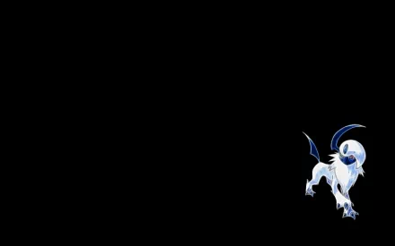 A dark-themed HD wallpaper featuring Absol, a Pokémon known for its striking white fur and blue accents, set against a black background, capturing an anime aesthetic.