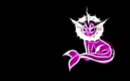 Shiny Vaporeon Pokémon with glowing purple and white hues, pointed ears, and tail, set against a black background in anime style.