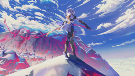 HD PC desktop wallpaper featuring Albedo from the video game Genshin Impact, standing on a snowy peak with a dramatic sky and mountainous landscape in the background.