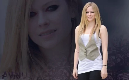 A high-definition desktop wallpaper featuring Avril Lavigne, showcasing her stylish look with long blonde hair and a confident smile against a dark, artistic background.