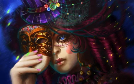 Artistic HD desktop wallpaper featuring an enigmatic figure in vibrant makeup and attire, holding a detailed mask adorned with intricate patterns. The eye-catching design blends fantasy elements seamlessly.