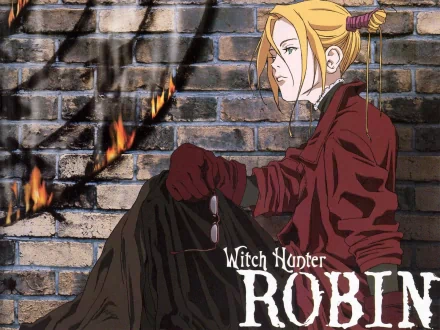 HD PC desktop wallpaper featuring an anime-style illustration of Witch Hunter Robin sitting against a brick wall with flames in the background.