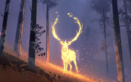 A glowing, golden deer with fiery antlers stands in a misty forest at dusk, creating a mystical fantasy scene for an HD PC desktop wallpaper.