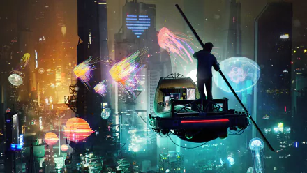 Futuristic sci‑fi scene: silhouetted figure on a hovering vehicle above a neon cyberpunk city with glowing jellyfish lights — 5K Ultra HD PC desktop wallpaper/background.