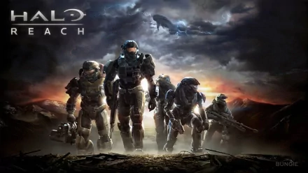 HD PC desktop wallpaper of Halo: Reach featuring armored Spartans advancing against a dramatic, stormy sky with a distant spaceship overhead.