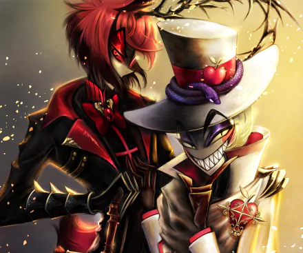 4K Ultra HD desktop wallpaper featuring Lucifer and Alastor from the TV show Hazbin Hotel, showcasing detailed, vibrant character art with dramatic lighting.