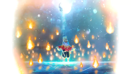 HD PC wallpaper from Demon Slayer: Kimetsu no Yaiba, featuring a character surrounded by flames under a glowing moon in an anime-style scene.