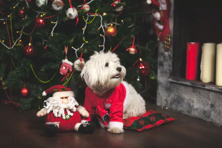 A white dog in a red sweater sits beside a Santa plush in front of a decorated Christmas tree, captured in 4K Ultra HD for a festive PC desktop wallpaper.