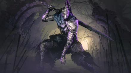 Dark Souls III video game 5K Ultra HD PC desktop wallpaper/background: purple-lit armored knight crouches with a greatsword amid misty ruins and shattered stone arches.