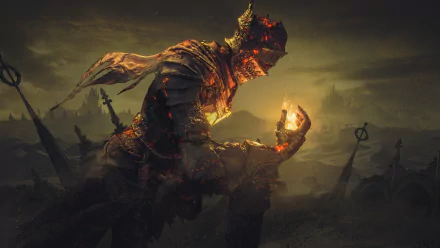 4K Ultra HD Dark Souls III wallpaper featuring a fiery armored warrior holding a glowing ember against a dark, eerie battlefield background.