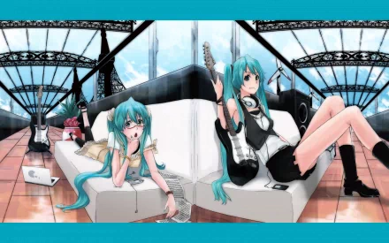 HD wallpaper featuring Hatsune Miku, a popular anime Vocaloid character, lounging on a stylish couch with a vibrant background of musical elements and an open sky.