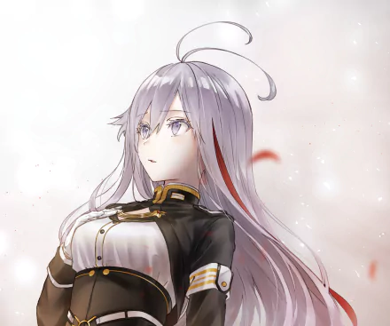 Vladilena Milizé from Eighty Six, anime HD PC desktop wallpaper: long silver-lilac hair with a red streak, military uniform, gazing upward against a soft, glowing background.