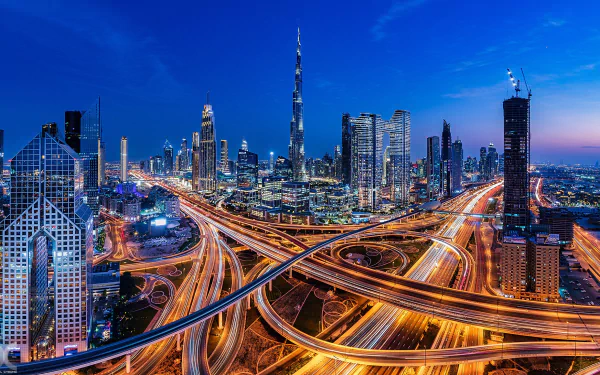 highway Burj Khalifa United Arab Emirates skyscraper city night man made Dubai HD Desktop Wallpaper | Background Image