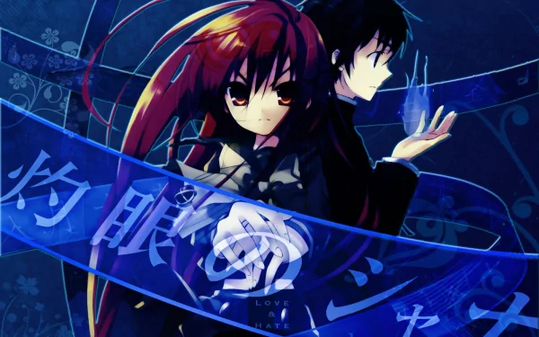 An HD desktop wallpaper featuring characters from the anime Shakugan No Shana, showcasing their intense expressions against a vivid blue background.