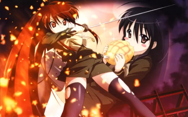 Anime-style 4K Ultra HD desktop wallpaper featuring two characters from Shakugan No Shana in dynamic action with fiery and glowing effects.