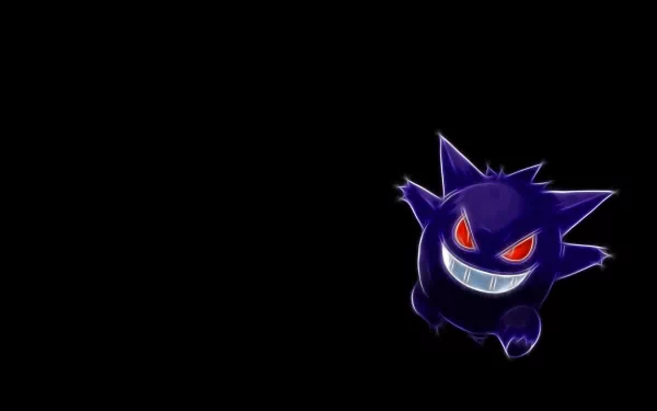 HD wallpaper featuring Gengar, the ghost Pokémon, depicted in a dynamic pose against a solid black background, capturing the spirit of anime and the Pokémon universe.