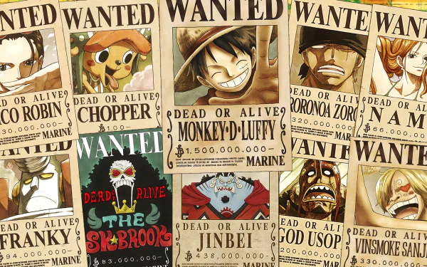 HD anime desktop wallpaper featuring One Piece characters' wanted posters, showcasing Monkey D. Luffy, Chopper, Zoro, and others in vibrant detail.