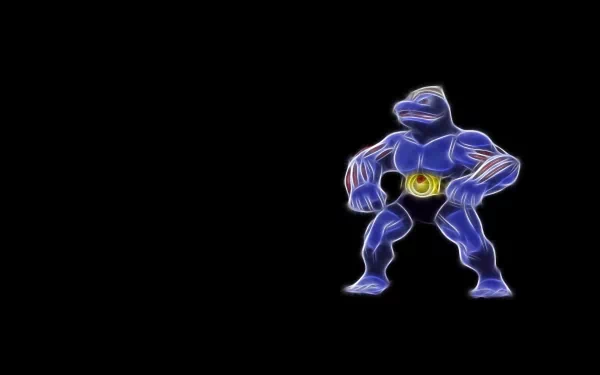 Neon-glowing Machoke (Pokémon, Fighting type) anime-style figure on black negative space — HD PC desktop wallpaper background.