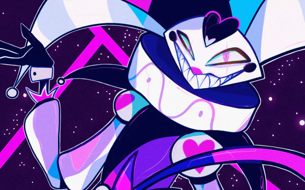 HD PC desktop wallpaper featuring Fizzarolli from the TV show Helluva Boss, showcasing vibrant colors and dynamic pose in a cosmic background.