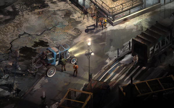 4K Ultra HD PC wallpaper from the video game Disco Elysium, featuring a detailed urban street scene with characters near a blue tractor under dim streetlights.