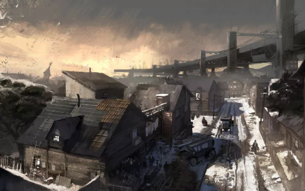 HD PC desktop wallpaper for the video game Disco Elysium: a snowy, dilapidated coastal district beneath overpasses, muted noir palette and looming structures.