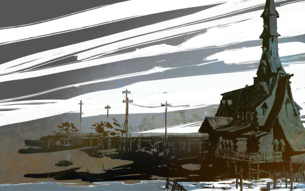 HD PC desktop wallpaper/background for the video game Disco Elysium: stylized coastal scene with a weathered church, docks and telegraph poles beneath a streaked gray sky.