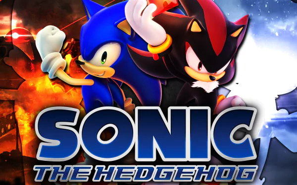 HD PC desktop wallpaper featuring Sonic the Hedgehog and Shadow the Hedgehog from Sonic Forces, with the Chaos Emerald glowing in the background.