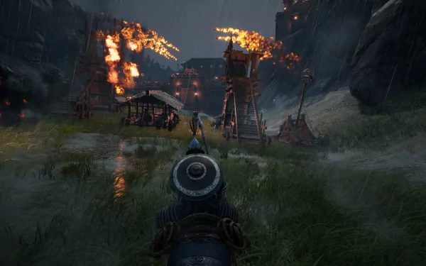 HD Myth of Empires desktop wallpaper featuring a dynamic siege scene with burning towers and a warrior's perspective in the rain.