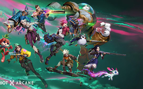 4K Ultra HD wallpaper featuring Caitlyn, Ekko, Jinx, and Vi from League of Legends alongside Arcane TV show elements in a dynamic action scene.