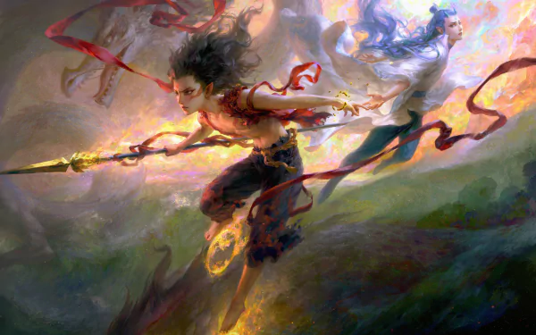 4K Ultra HD PC desktop wallpaper featuring a dynamic scene from the movie Ne Zha, depicting the fiery protagonist wielding a spear amidst swirling clouds and energy.