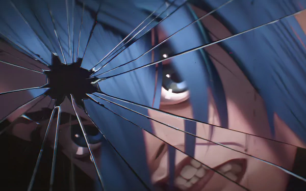 Close-up of Jinx from Arcane, the League of Legends TV show, with intense eyes framed by shattered glass in a 4K Ultra HD PC desktop wallpaper.